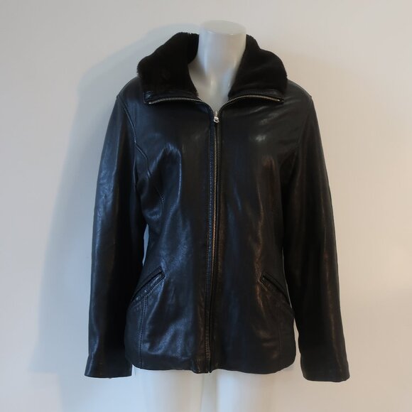 Womens Andrew Marc Additions Black Full Zip Faux Fur Collar Leather Jacket L - Picture 1 of 14